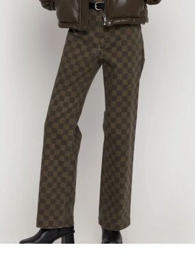 Oak + Fort Wide Leg Jeans Flare Highrise brown checkered Retro Chic classic sz 6